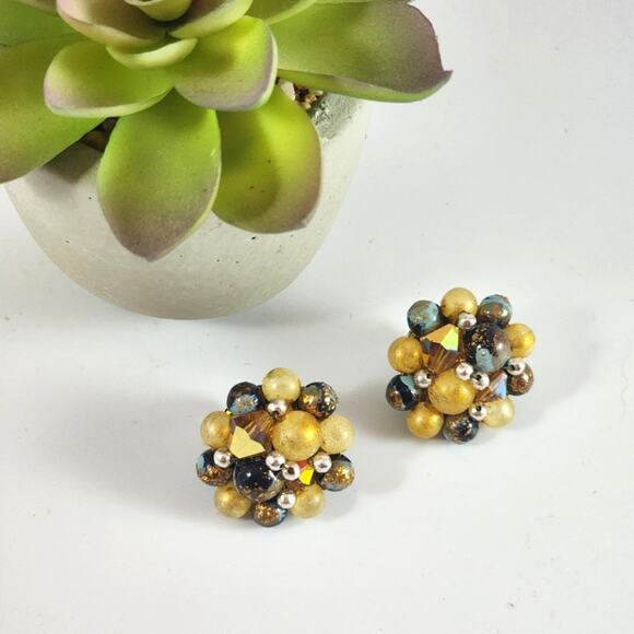 🌻3 for $18 Vintage Brown & Gold Bead Clip On Earrings - Picture 1 of 3